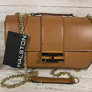 Halston Brown Faux Leather Satchel with Crossbody‎ Chain Gold Hardwear NWT